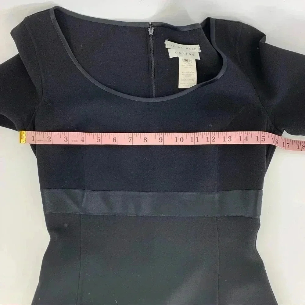 Celine vintage 90s Finition Main Wool Midi long sleeve Sheath dress satin trim - Picture 3 of 5